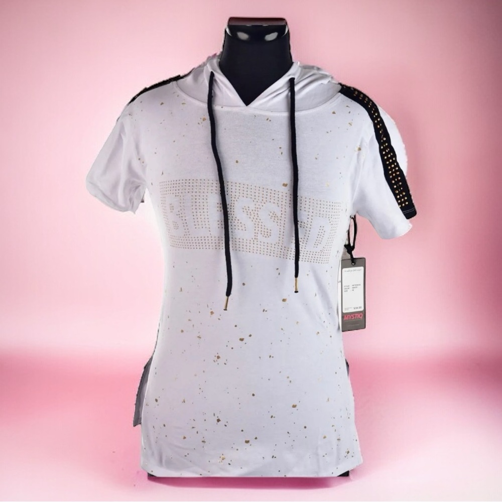 WOMEN’S STUDDED BLESSED HOODIE TEE-WHITE